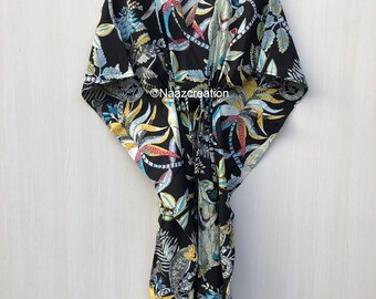 Caftán de algodón con estampado floral: vestido largo indio, pareo playero