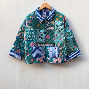 Handcrafted Cotton Quilted Patchwork Jacket, Boho Floral Reversible Kimono Style Coat