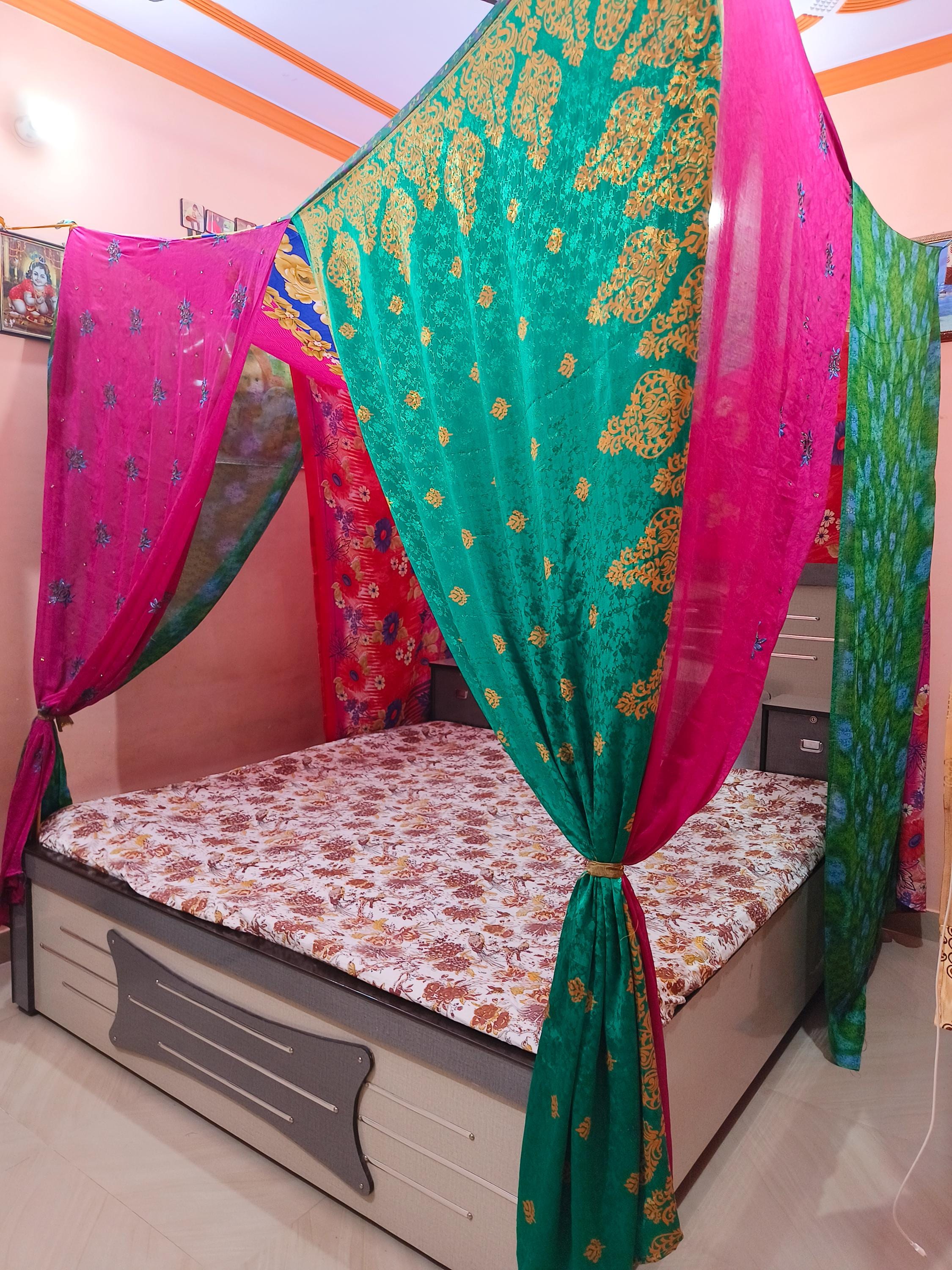Baldacchino Letto Indiano Vintage Fatto A Mano In Seta Sari - Tenda Hippie Multicolore