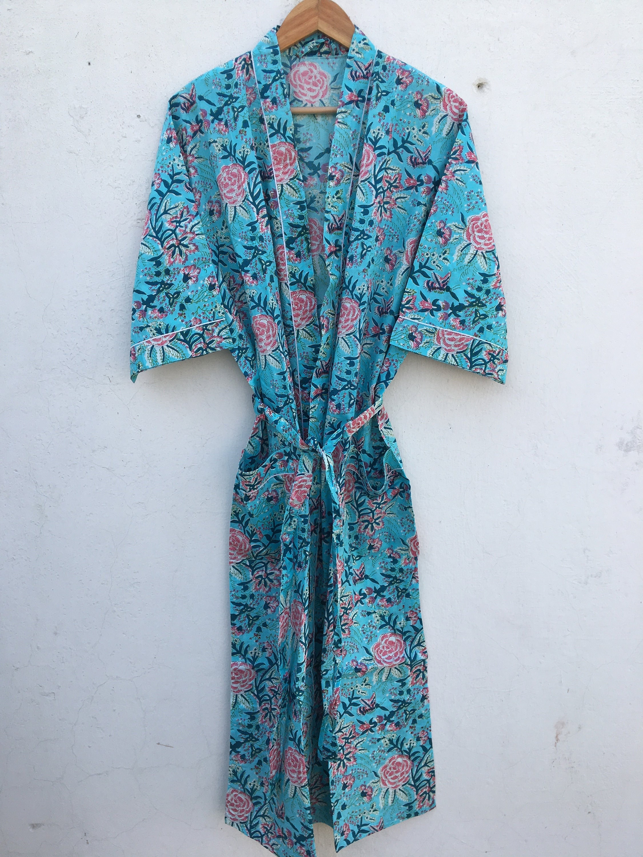 indian cotton dressing gown Cotton Kimono Robes Indian Block Print Floral Dressing Gown 3XL / Carmine