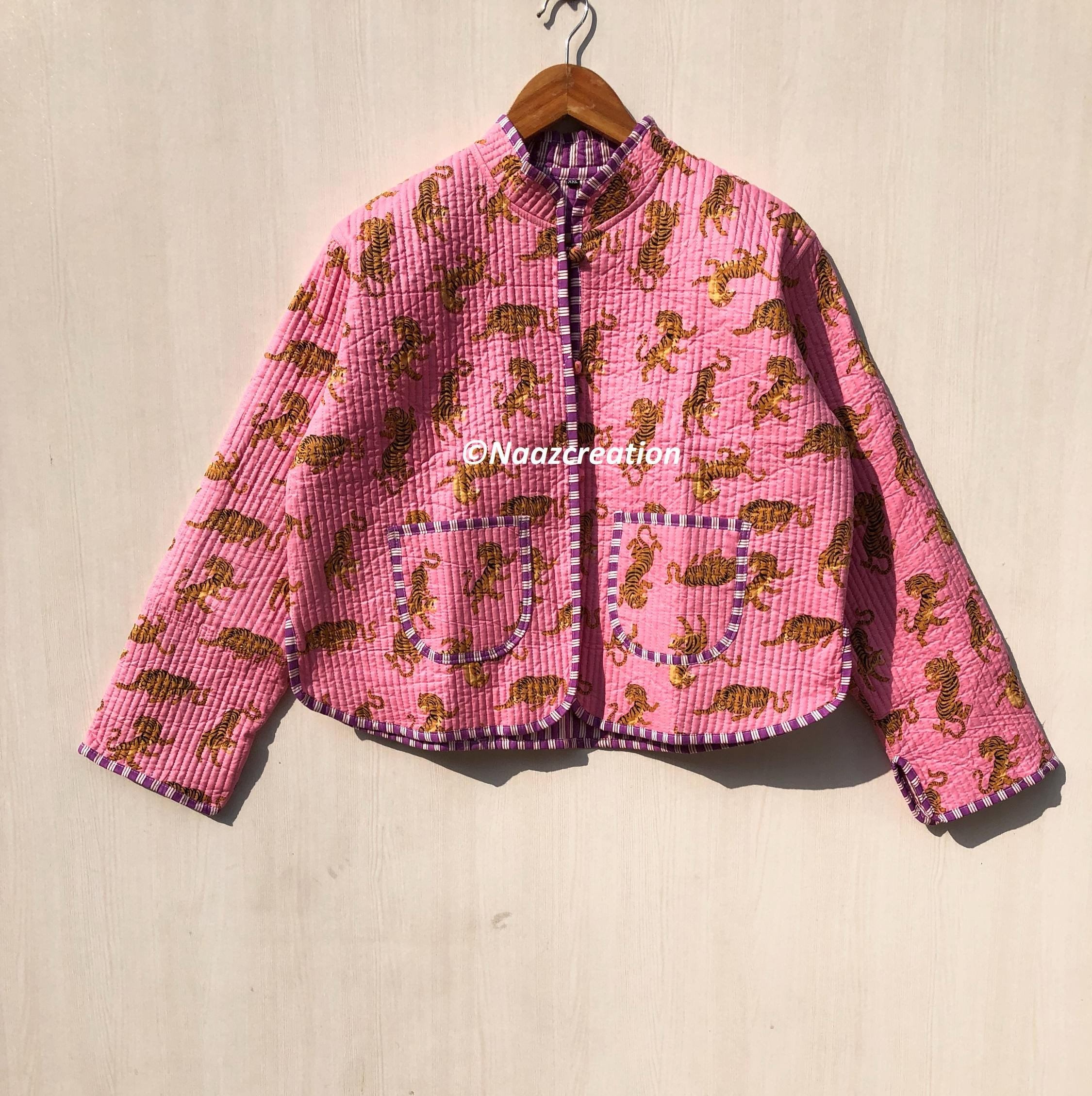 Pink Cotton Women's Quilted Jacket Printed Boho Style Quilted Handmade Jackets, Coat Holidays Gifts Button Closer Jacket for Women Gifts.