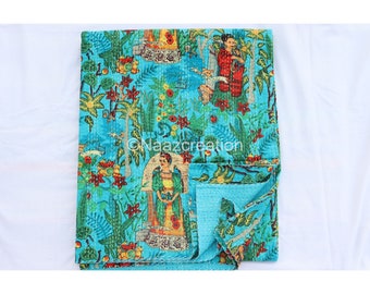 YUVANCRAFTS Colcha De Algodón Indio Hecha A Mano Kantha Con Estampado De Peces A Mano, Tamaño King