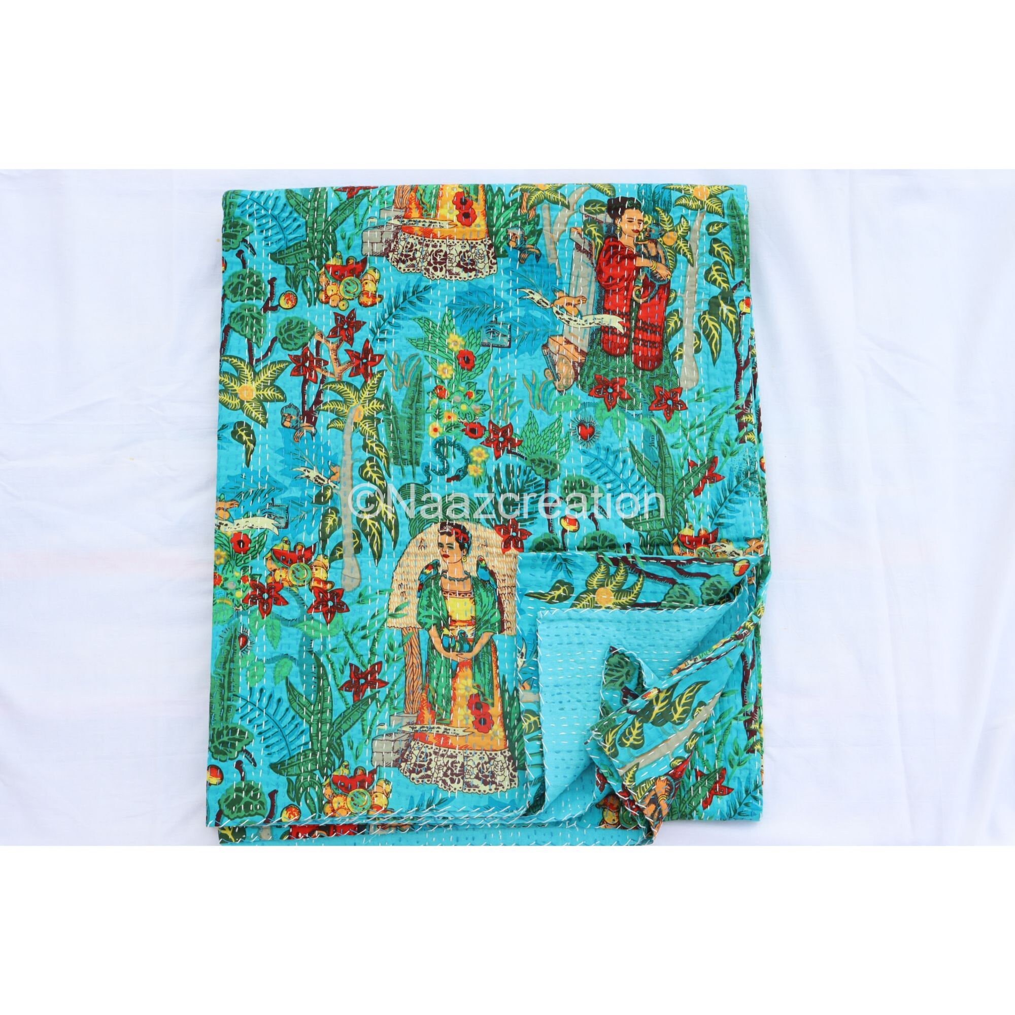 thumbnail image 2 of Indian Kantha Quilted Throw - Pure Cotton Blanket, Large 70x50 Inch - Frida Kahlo Art Deco Sofa Throw 2 of 6