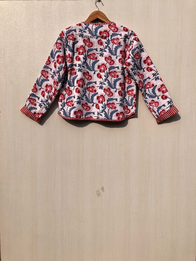 Baumwoll-Damen-Steppjacke, Blockdruck, Boho-Stil, gesteppte, handgefertigte Jacken, Mantel, Feiertage, Geschenke, Knopfschließerjacke für Frauen, Geschenke Bild 7