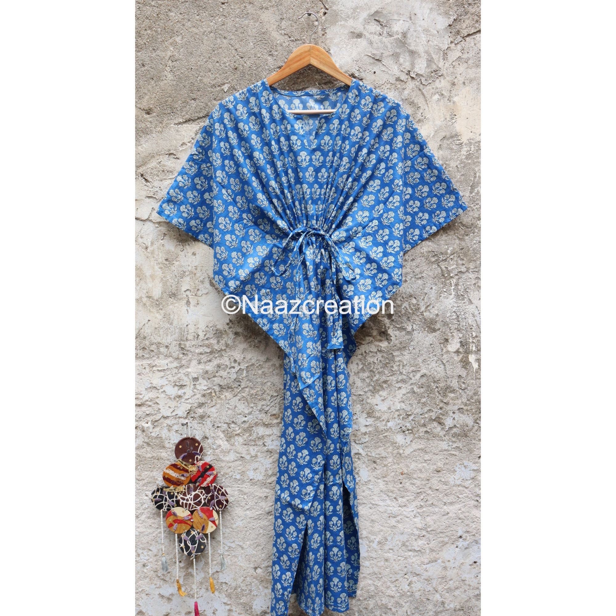 Phagun Women's Blue Floral & Skull Print Kaftan Dress - Beach Cover Up Or Loungewear, 38" Length - View #9