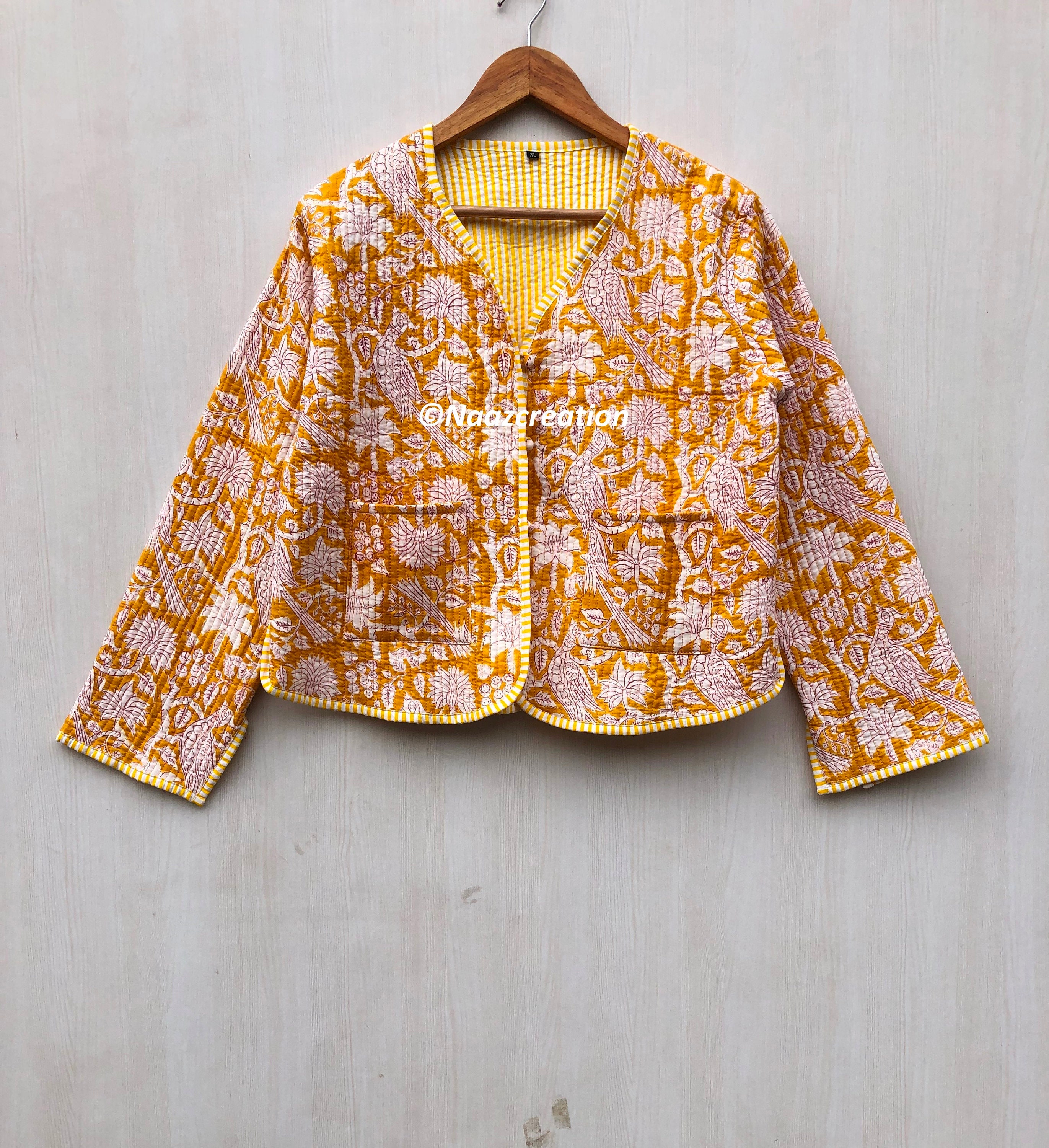 Hand Block Print Quilted Jacket: Indian Floral Short Kimono Coat