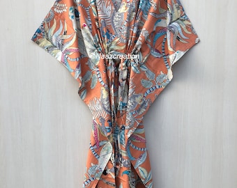 Caftán de algodón con estampado a mano: vestido largo indio, pareo playero