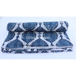 Handmade Floral Kantha Quilt: Indian Block Print Cotton Bedspread