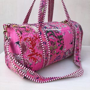 Pink Indian Handmade Patchwork Quilted Duffel Bag, Floral Cotton Overnight Travel Bag