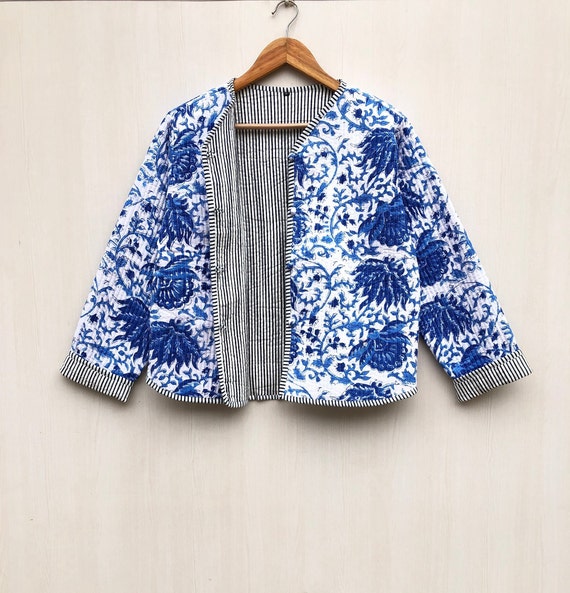 Cotton Women's Quilted Jacket Block Printed Boho Style