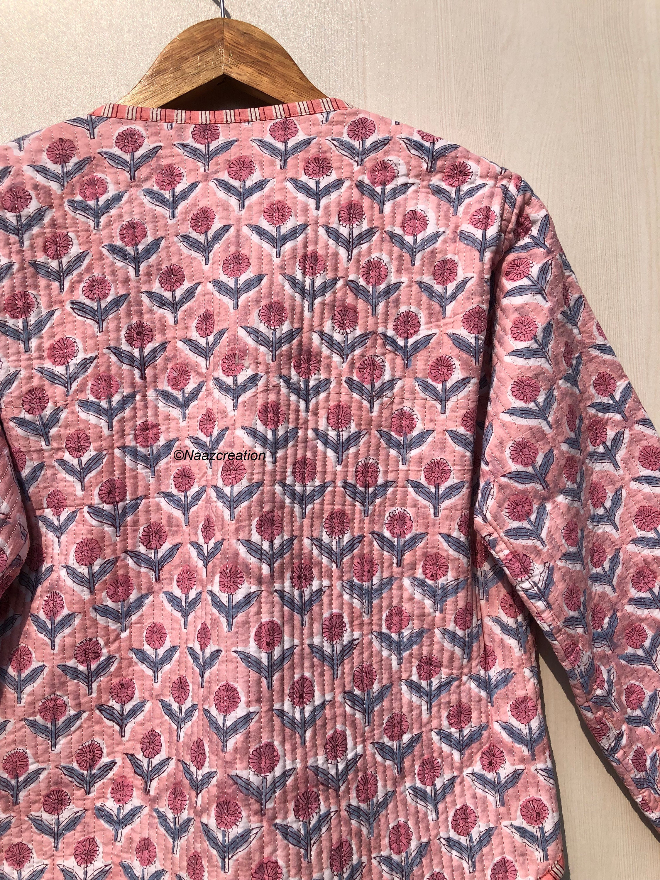 Indian Hand Block Print Fabric Quilted Jacket Short Kimono
