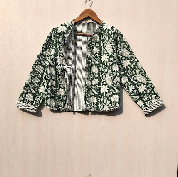 Indian Hand Block Print Fabric Quilted Jacket Short Kimono