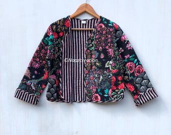 Floral Patchwork Quilted Jacket: Bohemian Cotton Reversible Coat