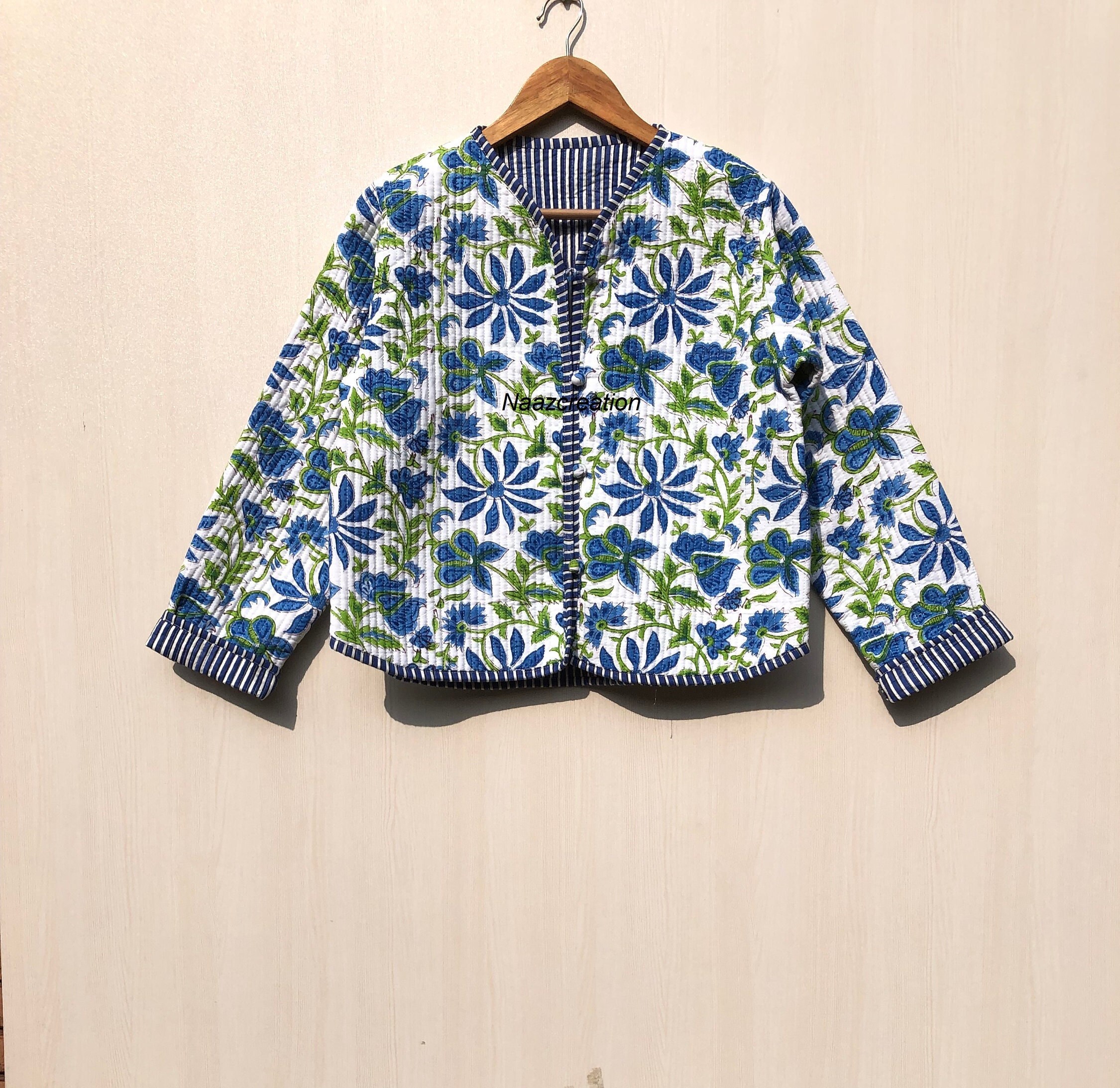 Indian Hand Block Print Fabric Quilted Jacket Short Kimono