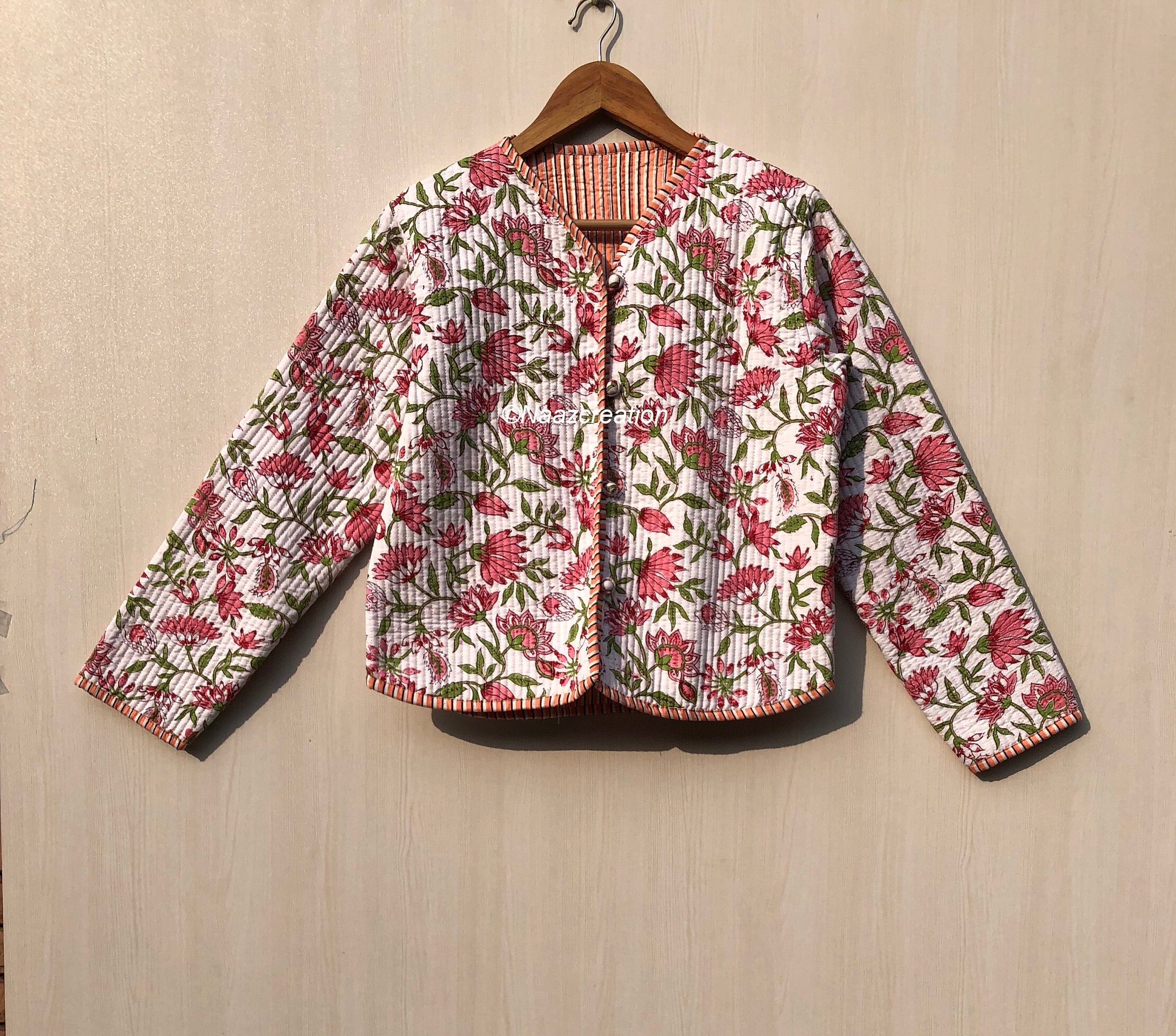 Indian Hand Block Print Fabric Quilted Jacket Short Kimono Women 