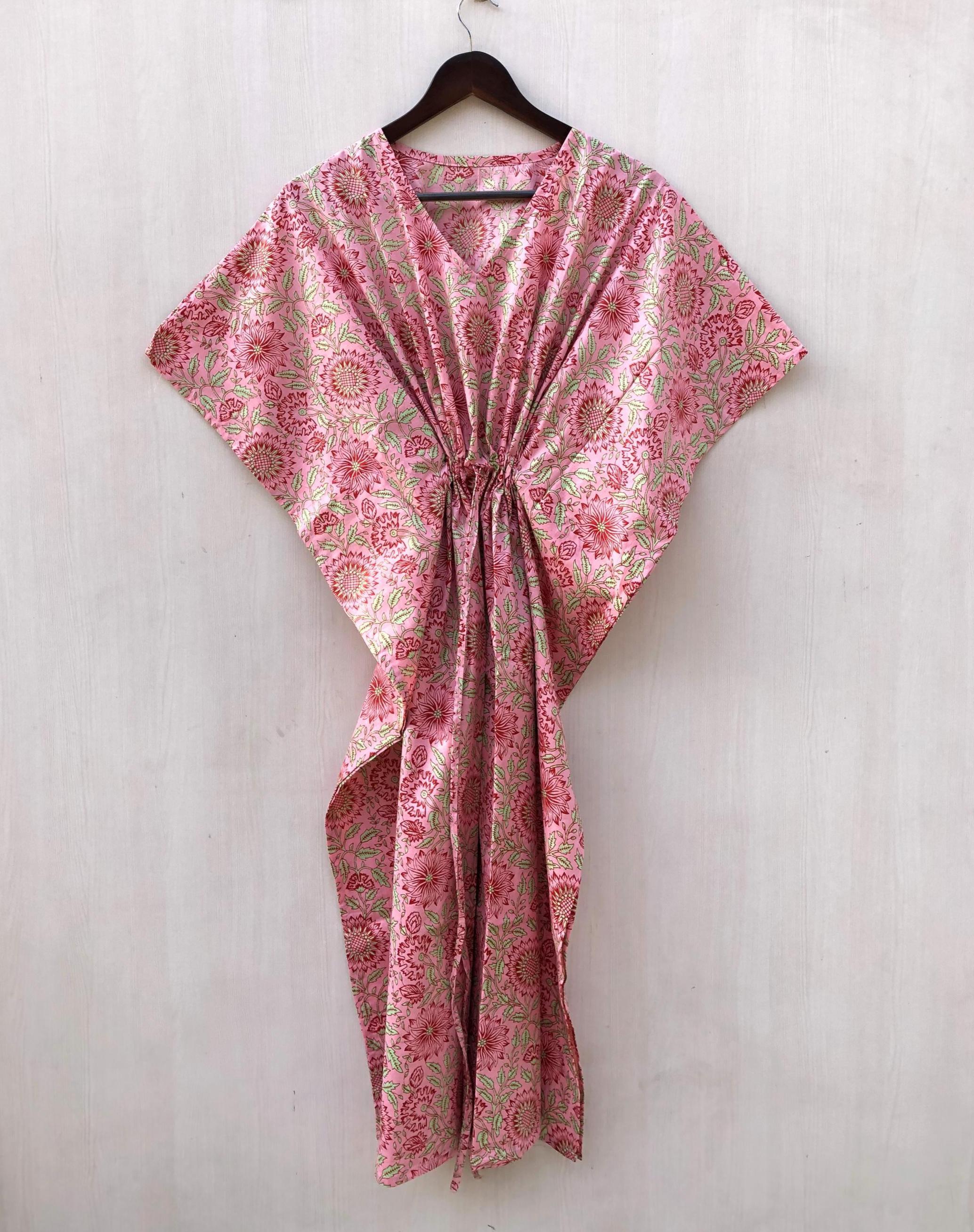 ハンドブロックプリントコットンカフタン：花柄ヒッピーマキシドレス