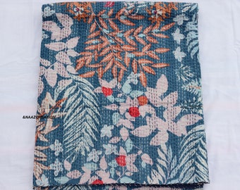 California King Floral Kantha Quilt: Indian Cotton Bedspread