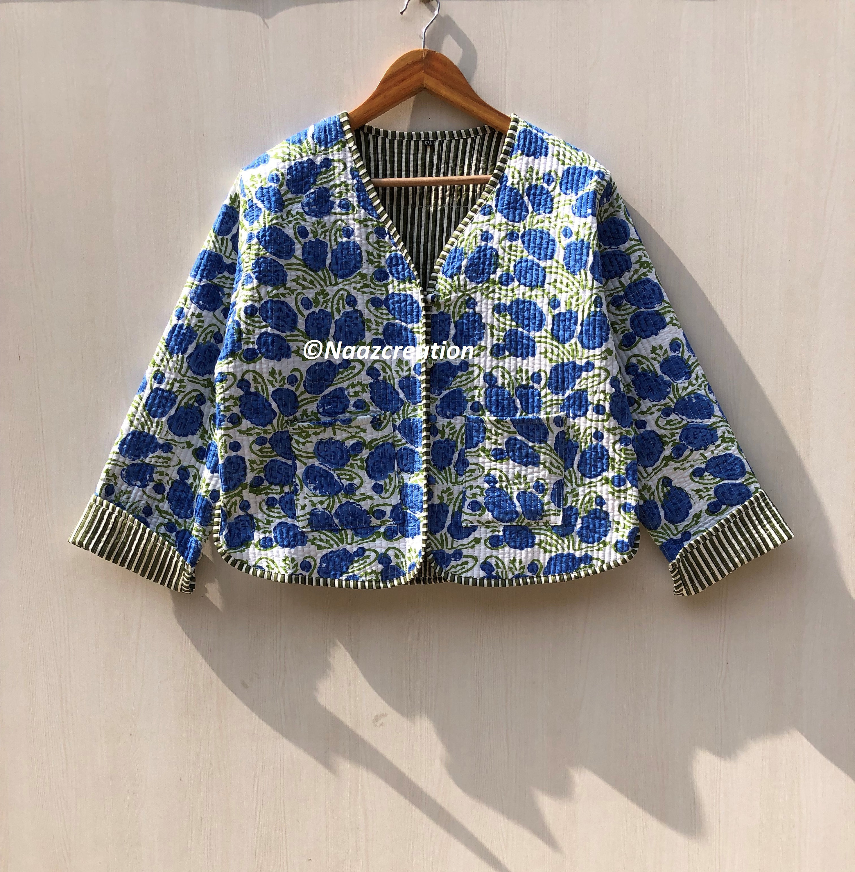 Hand Block Print Quilted Kimono Jacket: Indian Floral Cotton Coat