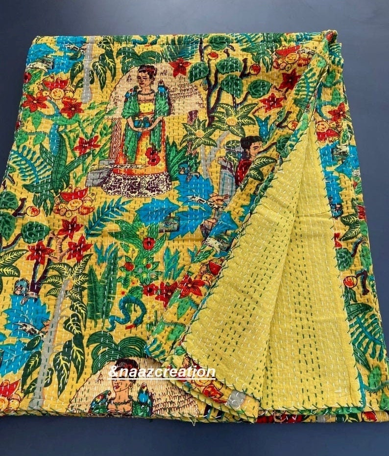 Frida Kahlo Queen Size Kantha Quilt: Indian Handmade Cotton Bedspread