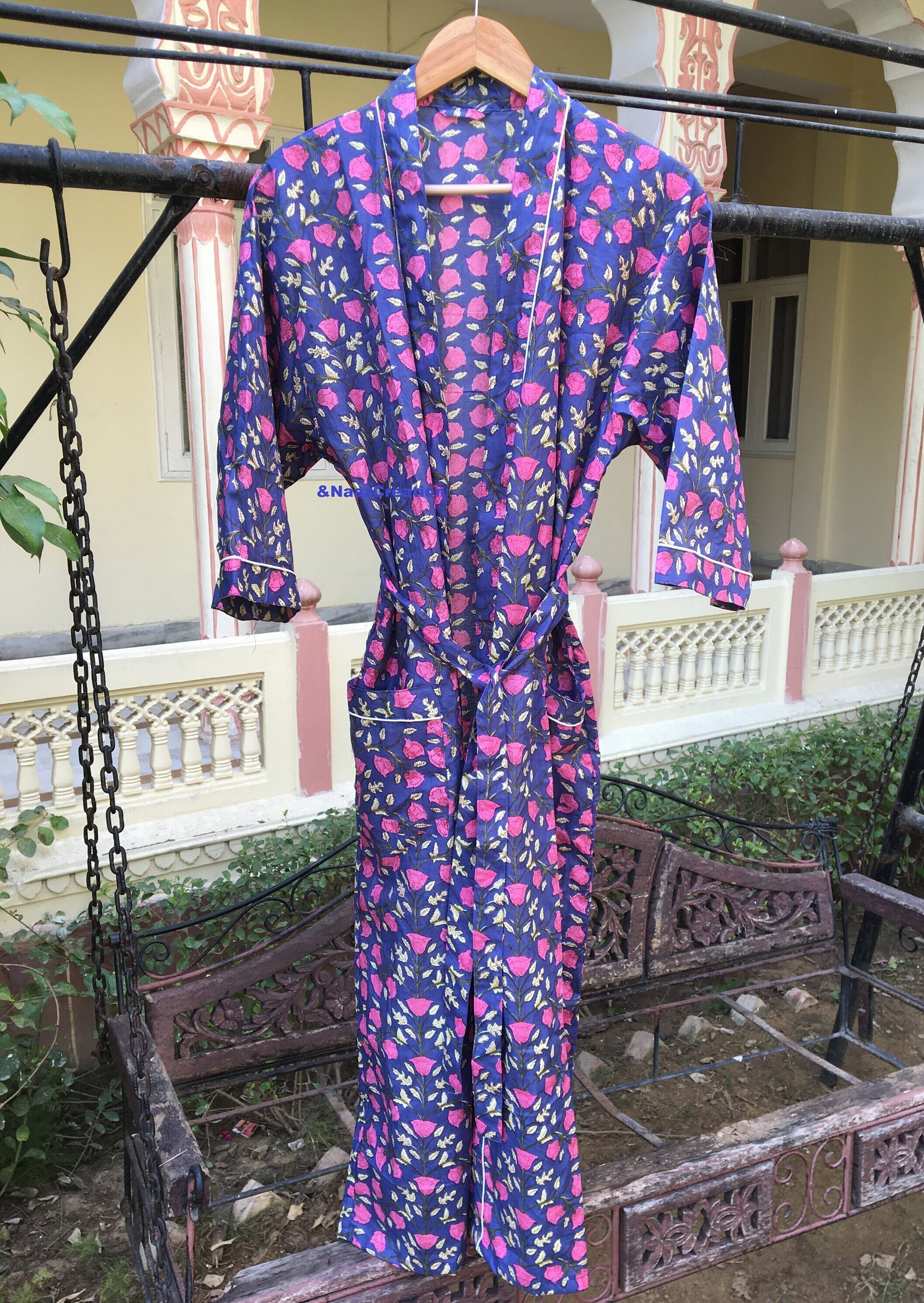 cotton dressing gowns White Piped Herringbone Cotton Gown