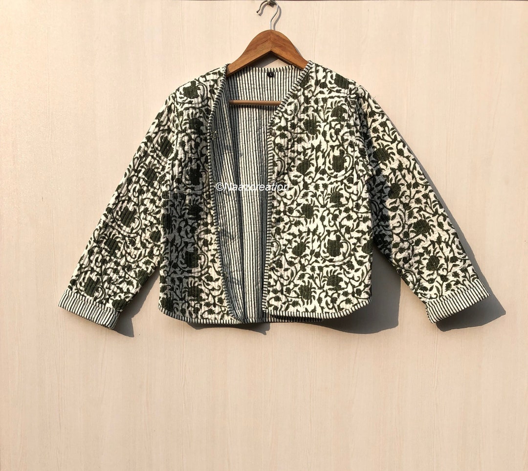 Cotton Women's Quilted Jacket Block Printed Boho Style Cotton Women's Quilted Jacket Block Printed Boho Style