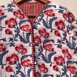 Giacca trapuntata da donna in cotone con stampa a blocchi, stile Boho, trapuntata fatta a mano, cappotto, regali per le feste, giacca con bottoni per regali da donna immagine 3