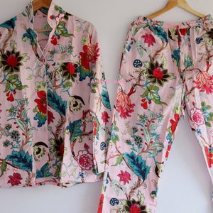 Hand Block Print Pajamas, Floral Pure Cotton Pj&#39;s, Pajamas Set ,Indian Cotton,Night Wear, Soft Cotton Night Suit,Gift for her