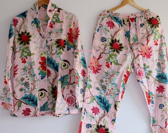 Pijama con estampado de bloques a mano, pijama de algodón puro con flores, conjunto de pijama, algodón indio, ropa de dormir, traje de noche de algodón suave, regalo para ella