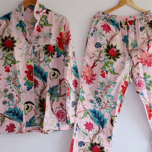 Conjunto de pijama de algodón con estampado de bloques a mano: camisón indio floral