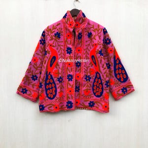 Handmade Suzani Embroidery Cotton Jacket: Bohemian Bomber Coat