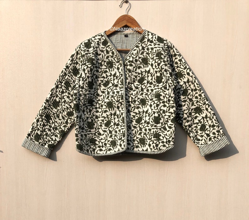 Cotton Women's Quilted Jacket Block Printed Boho Style Quilted Handmade Jackets, Coat Holidays Gifts Button Closer Jacket for Women Gifts 画像 4
