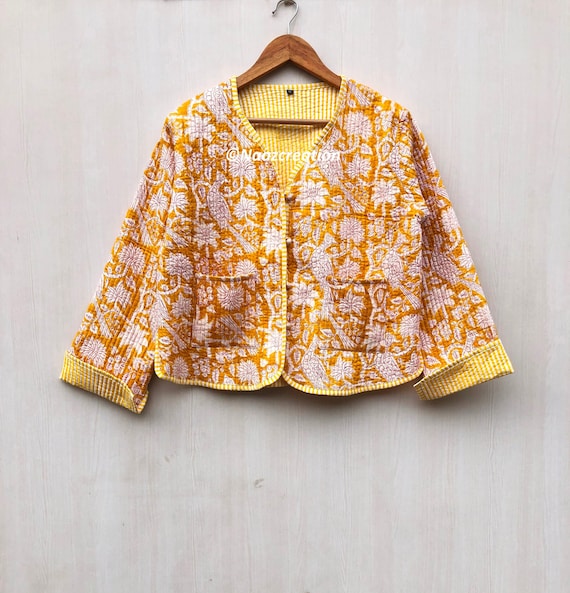 Hand Block Print Quilted Jacket: Indian Floral Short Kimono Coat