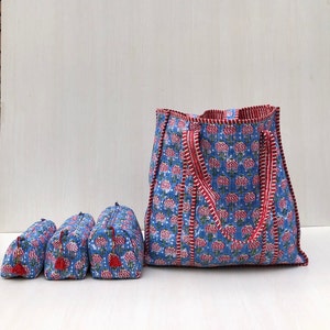 Toiletry Bag Set 3 Pcs, Same Print Quilted Tote Bag , Cosmetic Bag, Block Print Bag, tote Bag Woman