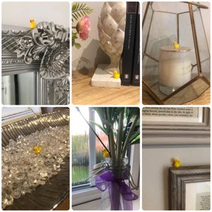 May include: A collage of six images featuring small yellow rubber duck figurines placed on various decorative items. The items include a mirror frame, books, a candle, a tray of crystals, a plant, and a framed print.