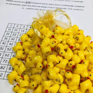 May include: A collection of small, yellow plastic duck figurines with red beaks and black eyes, some numbered, spilling from a gold mesh bag. The ducks are part of a "100 Duck Challenge" game, with a printed sheet featuring a grid and instructions.