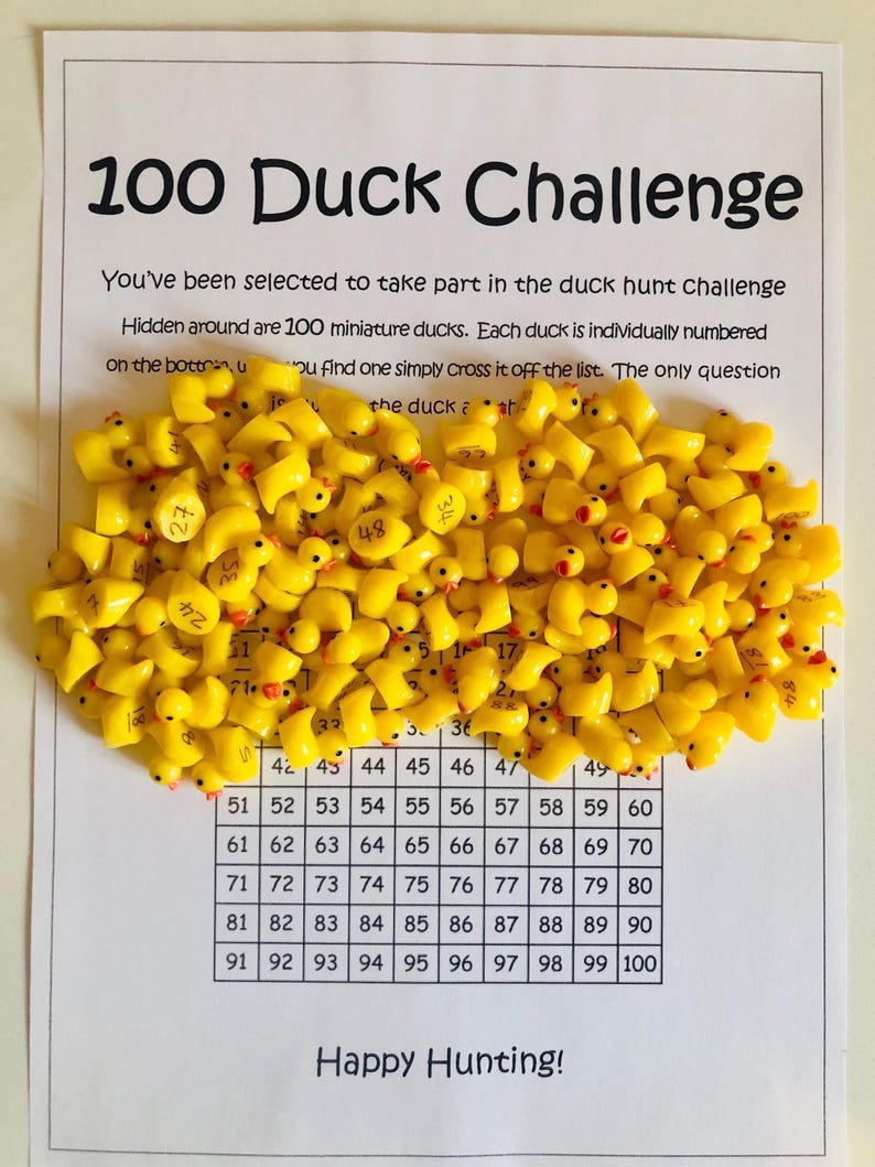 May include: A sheet of paper with the text "100 Duck Challenge" and a grid numbered 1-100. A pile of small yellow rubber duckies with red beaks and various numbers are scattered on the paper. The text "Happy Hunting!" is at the bottom.