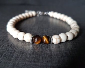 PARIS men's bracelet, Adjustable gift bracelet in natural pearl, Original jewel in fine Howlite stone, Tiger eye and 925 silver