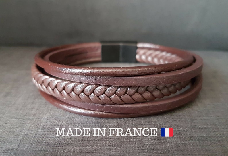 PARIS men's bracelet, Men's leather bracelet, Brown leather strap, Braided leather bracelet, Valentine's day gift, Anniversary, Christmas image 1