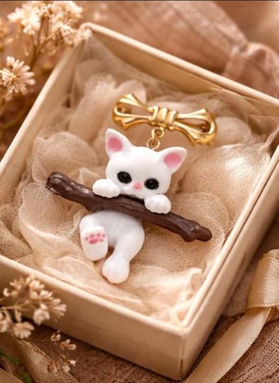 Vintage Strass-Brosche, Vintage Emaille Katze mit Strasssteinen süße Katze