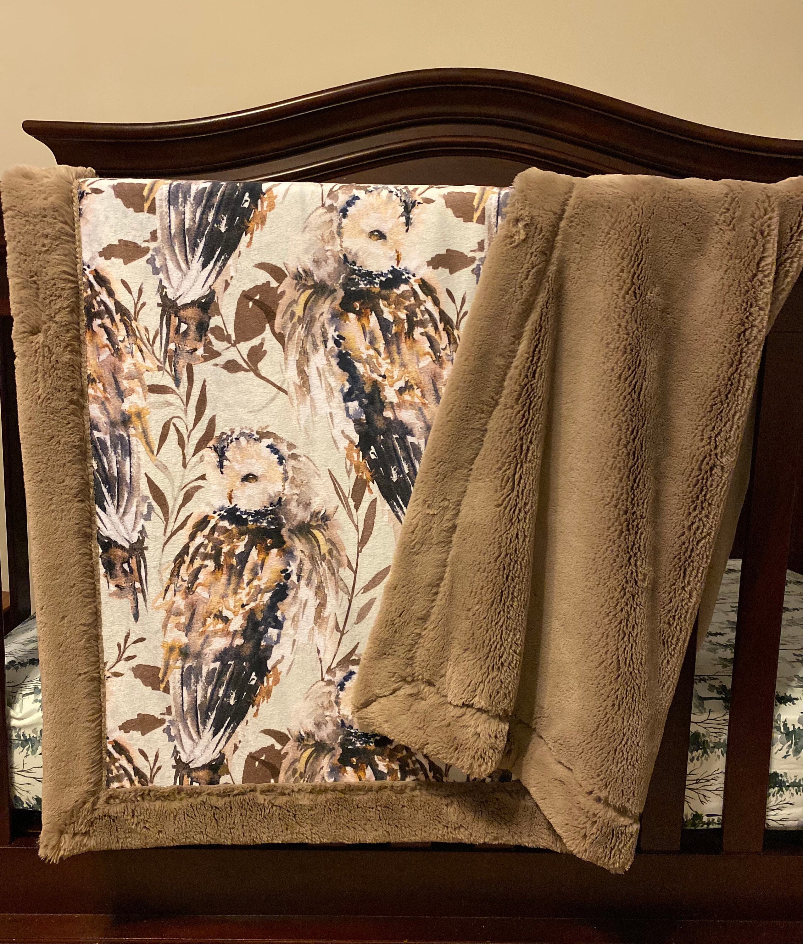 Barred Owl Minky Blanket, READY TO SHIP, Bunny Minky Blanket, Designer Minky, Woodland, Leaves, Natu