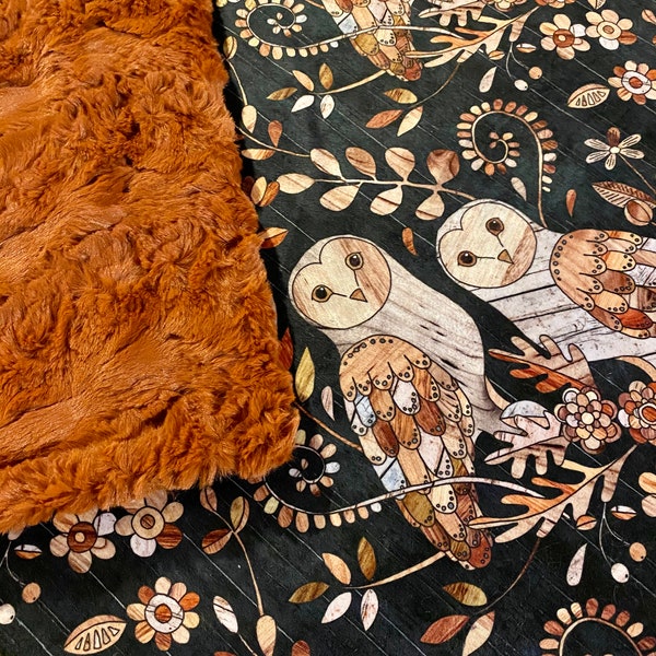 Barn Owl Minky Blanket, Ginger Glacier Minky Blanket, Designer Minky, Woodland, Leaves, Nature, Owls Cuddle Blanket, Adult Minky Blanket