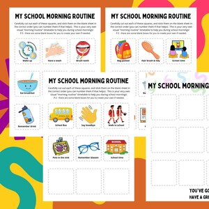 May include: A set of printable visual timetables for a school morning routine, featuring colourful illustrations. Icons include wake up, breakfast, school bus, and other activities. Text reads "My School Morning Routine" and "You've got this! Have a great day."