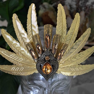 Autumn Sunset Valkyrie Witch Fairy Wing Crystal Diamond Feather Mermaid Flower Crown -  Festival Headpiece (Light Gold Throne Orange Heart)