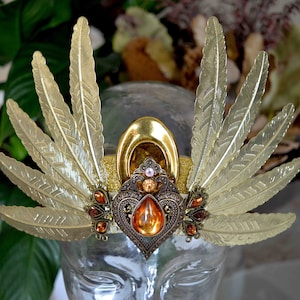 Autumn Sunset Valkyrie Witch Fairy Wing Crystal Diamond Feather Mermaid Flower Crown -  Festival Headpiece (Light Gold Orange Heart)