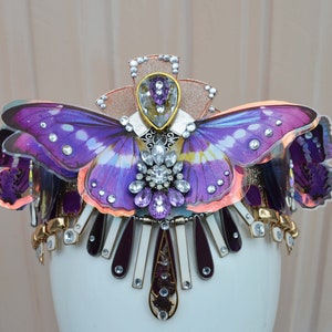 Purple Silk Moth Witch Fairy Holographic Butterfly Crystal Sunset Feather Mermaid Flower Crown -  Festival Headpiece