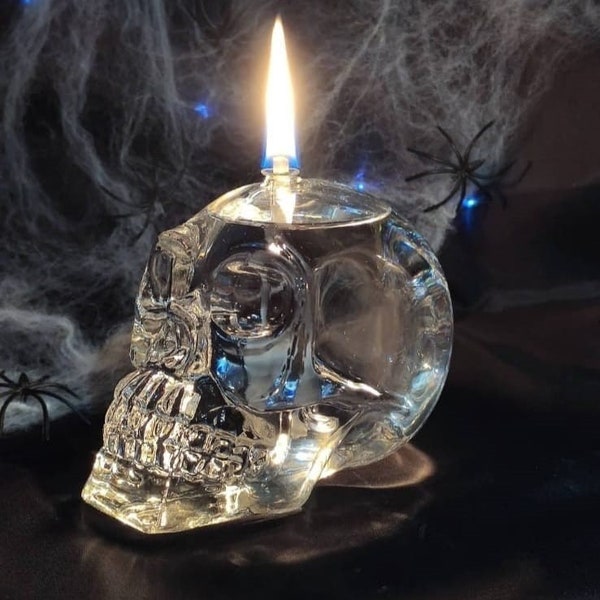 Handmade Clear Glass Skull Candle with Glass Wick, Home and Office Decor Lamp.