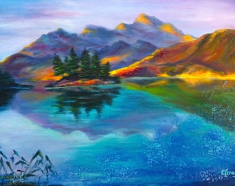 May include: A painting depicting a mountain lake with a small island in the centre. The lake is a vibrant blue with reflections of the mountains and trees. The mountains are a deep purple and blue with hints of orange and yellow. The sky is a light blue with a few clouds.