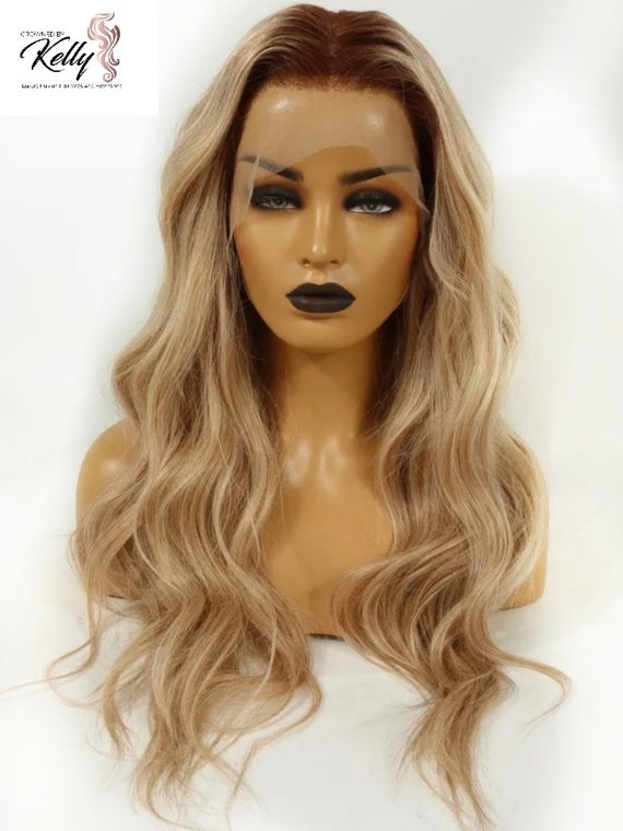 Human Hair Lace Front Wig Blonde Brown With Dark Roots Long Etsy