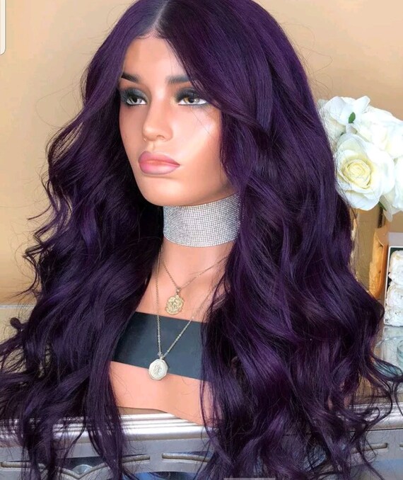 Dark Purple Loose Wave Human Hair Lace Front Wig Etsy