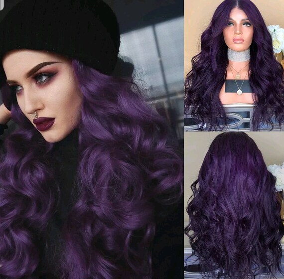 Dark Purple Lace Front Wig Handmade Human Hair Wigs Custom Etsy